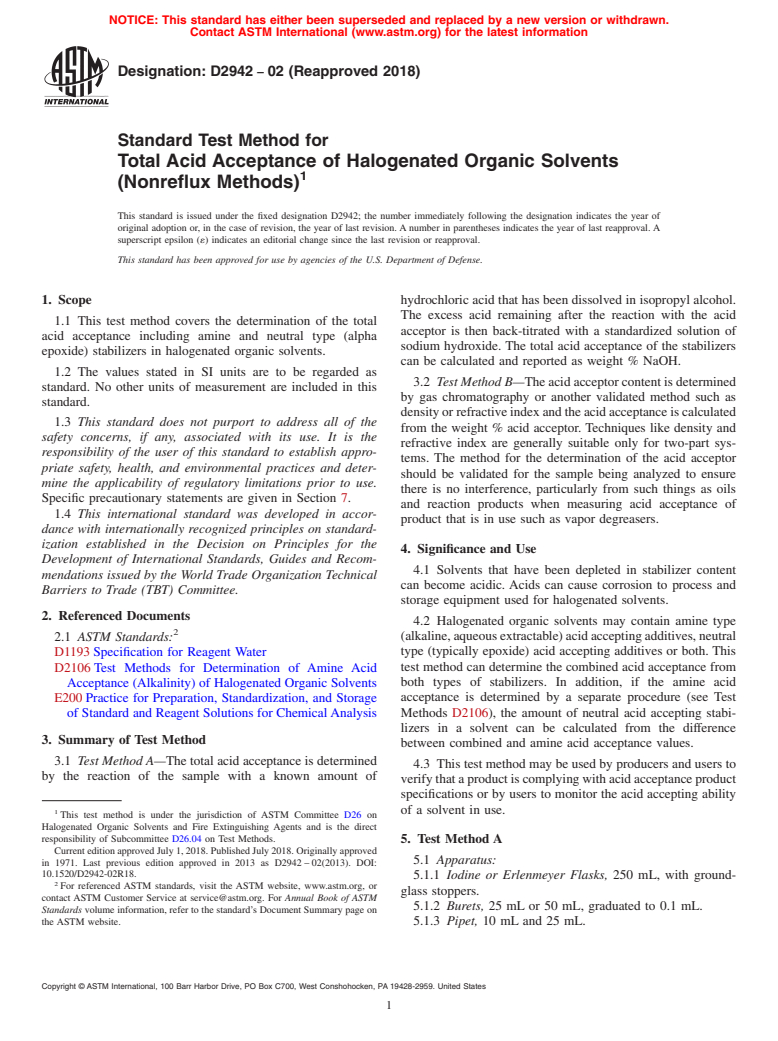 ASTM D2942-02(2018) - Standard Test Method for Total Acid Acceptance of Halogenated Organic Solvents (Nonreflux  Methods)