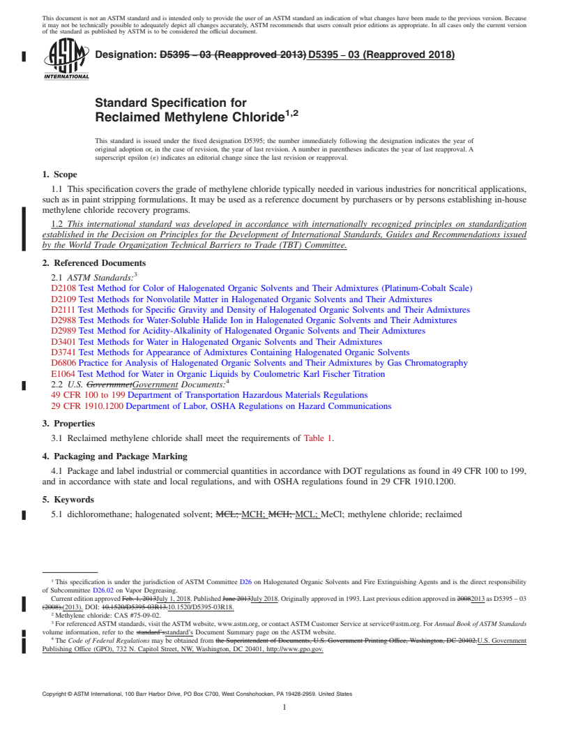 REDLINE ASTM D5395-03(2018) - Standard Specification for Reclaimed Methylene Chloride