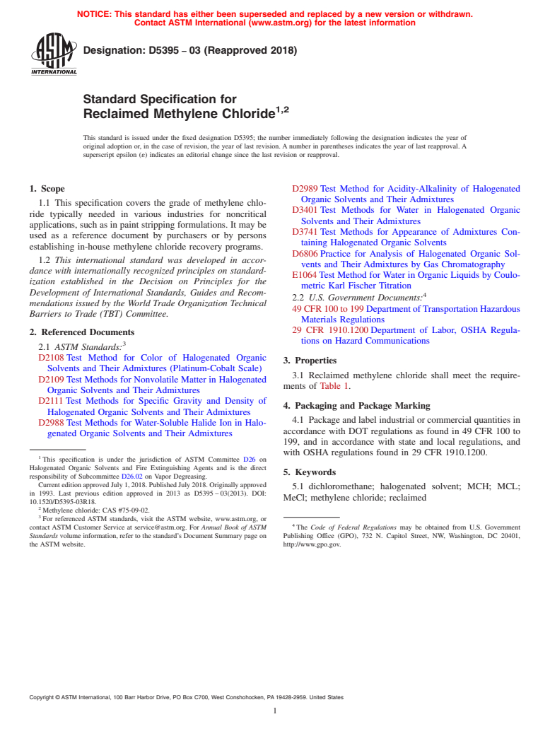 ASTM D5395-03(2018) - Standard Specification for Reclaimed Methylene Chloride