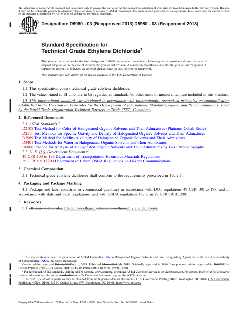 REDLINE ASTM D5960-03(2018) - Standard Specification for Technical Grade Ethylene Dichloride