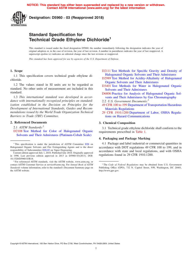 ASTM D5960-03(2018) - Standard Specification for Technical Grade Ethylene Dichloride