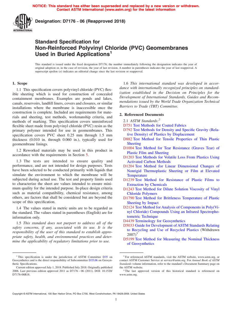 ASTM D7176-06(2018) - Standard Specification for  Non-Reinforced Polyvinyl Chloride (PVC) Geomembranes Used in  Buried Applications