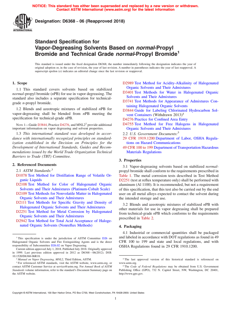 ASTM D6368-06(2018) - Standard Specification for Vapor-Degreasing Solvents Based on <emph type="bdit">normal</emph  >-Propyl Bromide and Technical Grade <emph type="bdit">normal</emph  >-Propyl Bromide