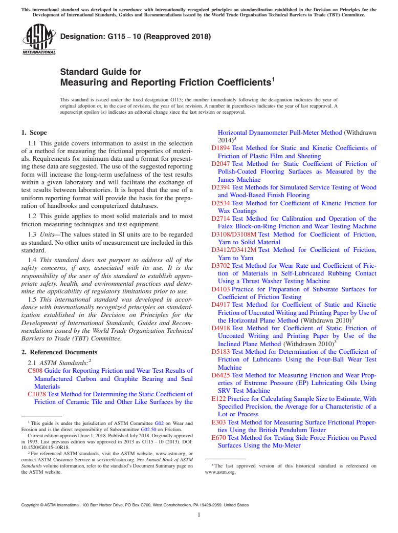 ASTM G115-10(2018) - Standard Guide for  Measuring and Reporting Friction Coefficients