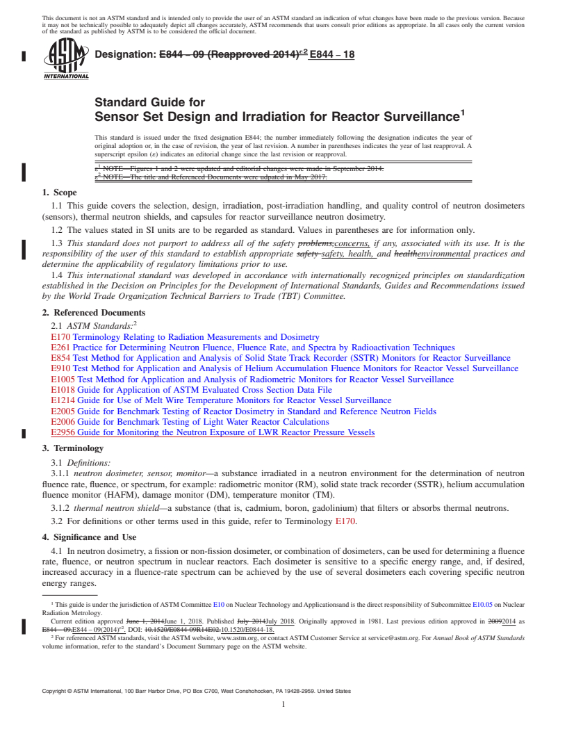 REDLINE ASTM E844-18 - Standard Guide for  Sensor Set Design and Irradiation for Reactor Surveillance