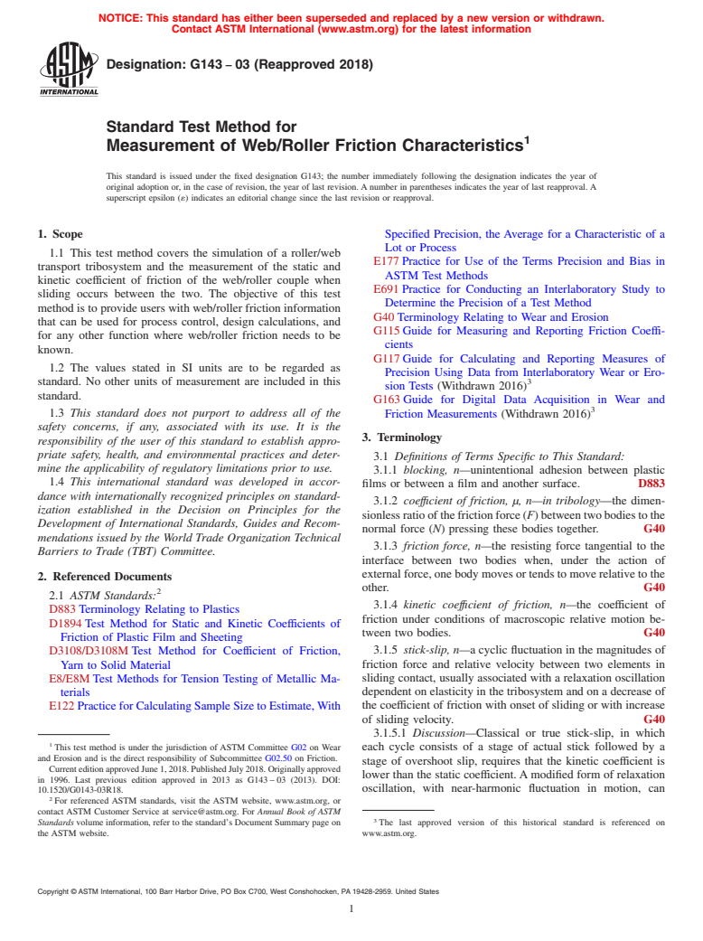 ASTM G143-03(2018) - Standard Test Method for  Measurement of Web/Roller Friction Characteristics