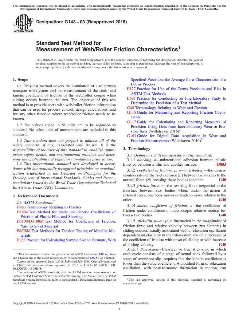 ASTM G143-03(2018) - Standard Test Method for  Measurement of Web/Roller Friction Characteristics