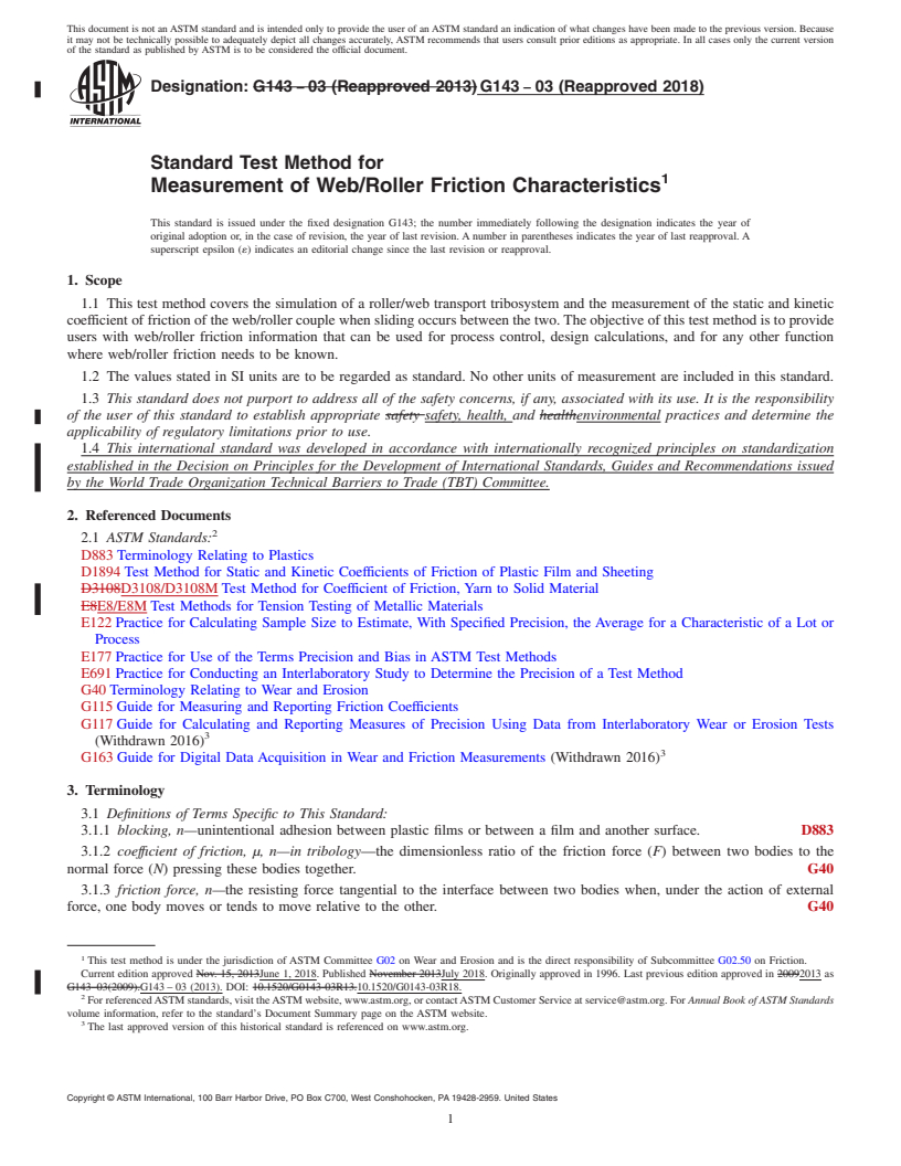 REDLINE ASTM G143-03(2018) - Standard Test Method for  Measurement of Web/Roller Friction Characteristics