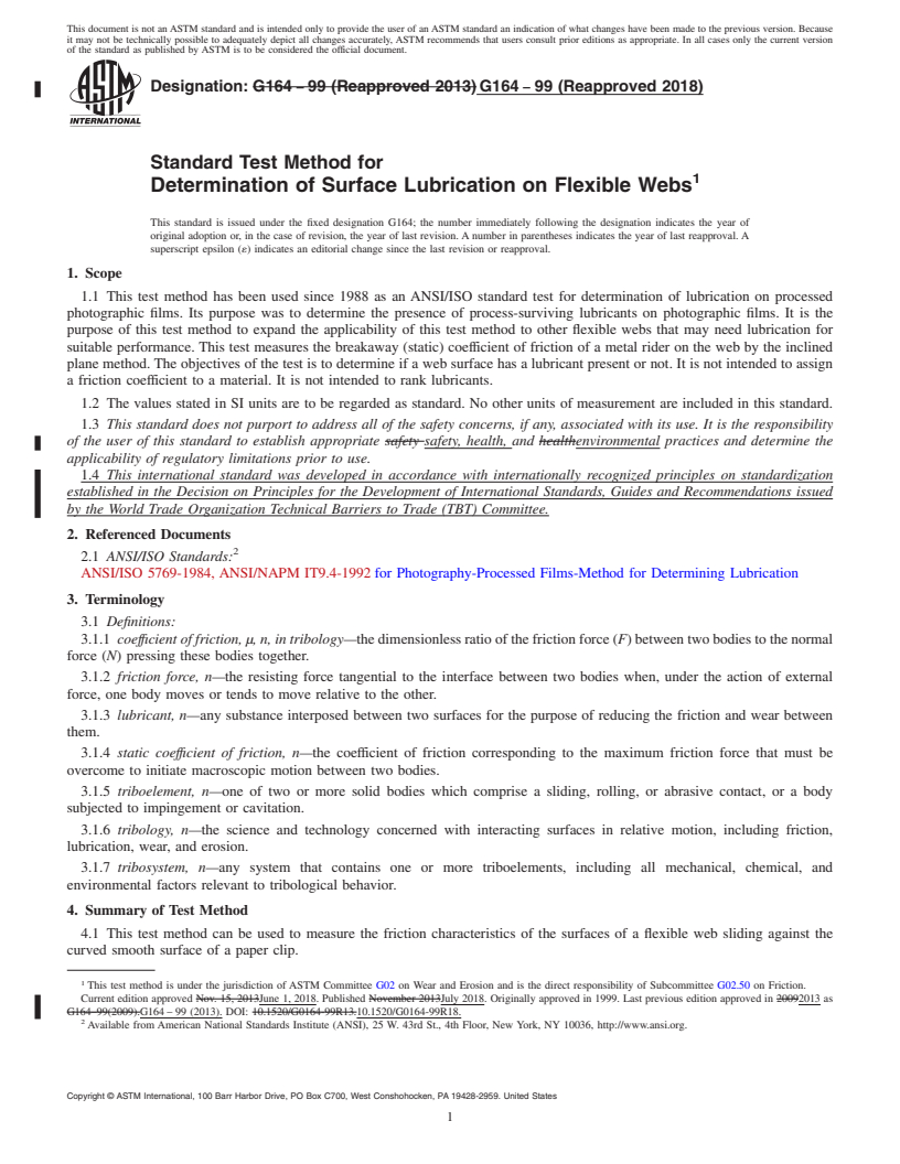 REDLINE ASTM G164-99(2018) - Standard Test Method for  Determination of Surface Lubrication on Flexible Webs