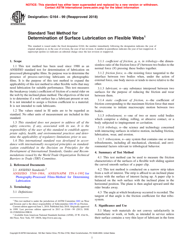 ASTM G164-99(2018) - Standard Test Method for  Determination of Surface Lubrication on Flexible Webs