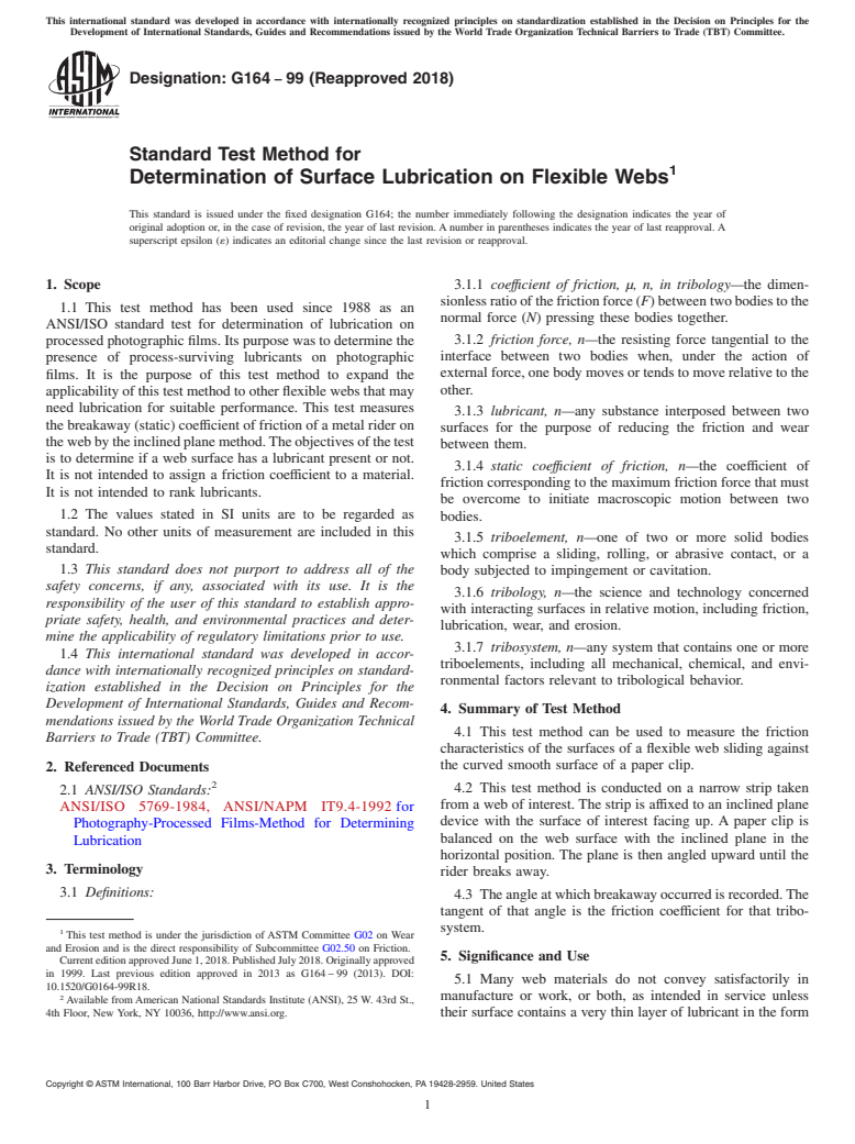 ASTM G164-99(2018) - Standard Test Method for  Determination of Surface Lubrication on Flexible Webs