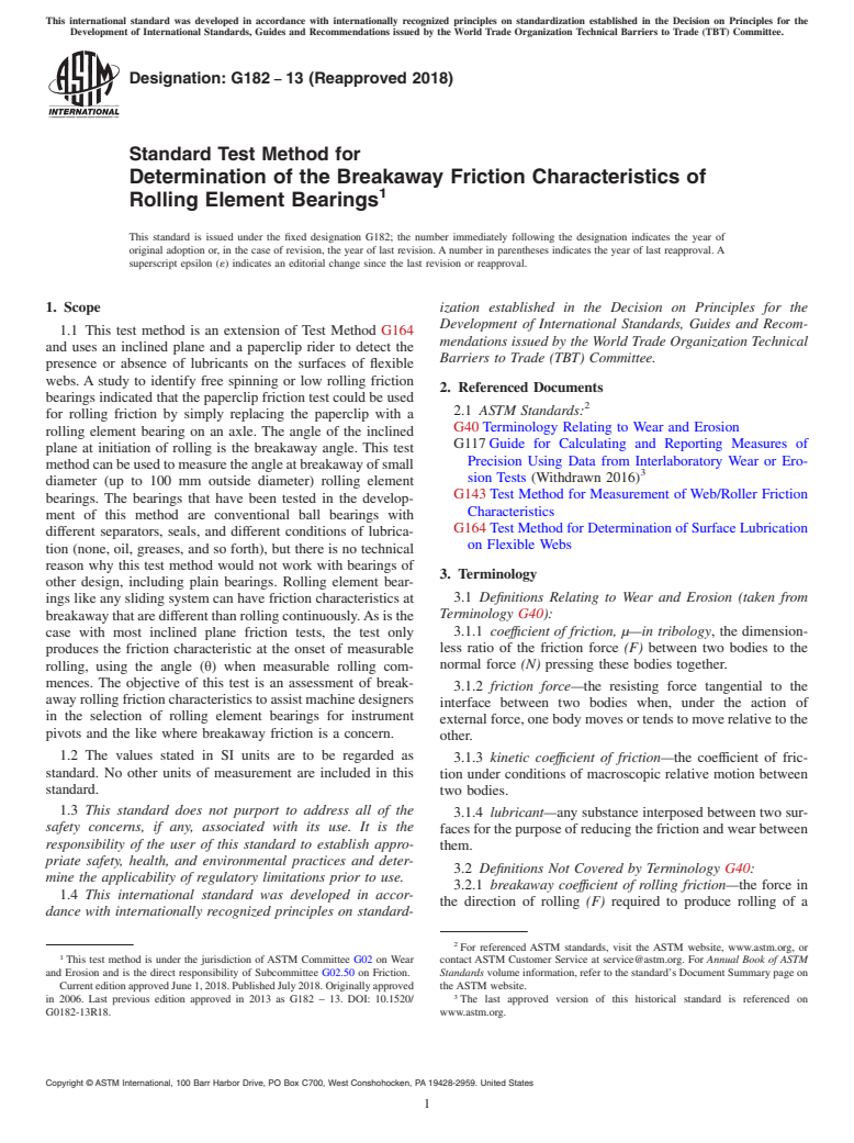 ASTM G182-13(2018) - Standard Test Method for  Determination of the Breakaway Friction Characteristics of  Rolling Element Bearings