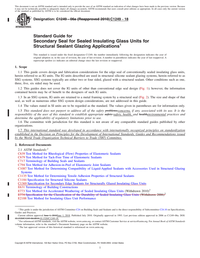 REDLINE ASTM C1249-18 - Standard Guide for  Secondary Seal for Sealed Insulating Glass Units for Structural  Sealant Glazing Applications