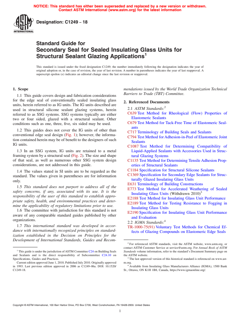 ASTM C1249-18 - Standard Guide for  Secondary Seal for Sealed Insulating Glass Units for Structural  Sealant Glazing Applications