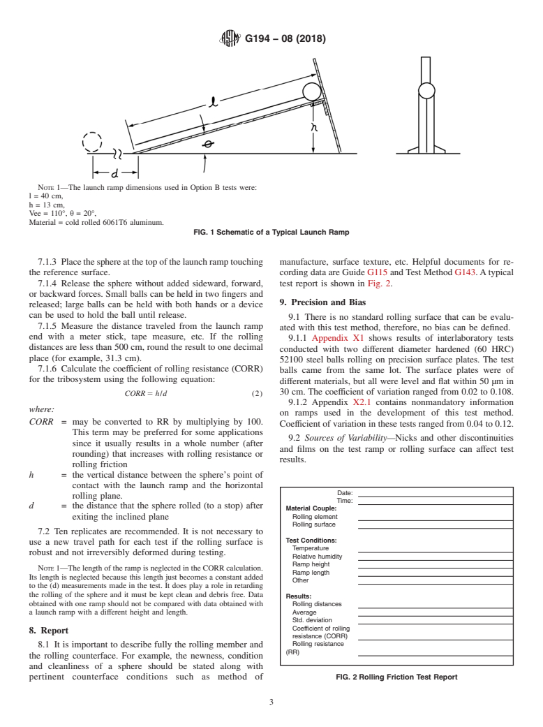 ASTM G194-08(2018) - Standard Test Method for  Measuring Rolling Friction Characteristics of a Spherical Shape  on a Flat Horizontal Plane