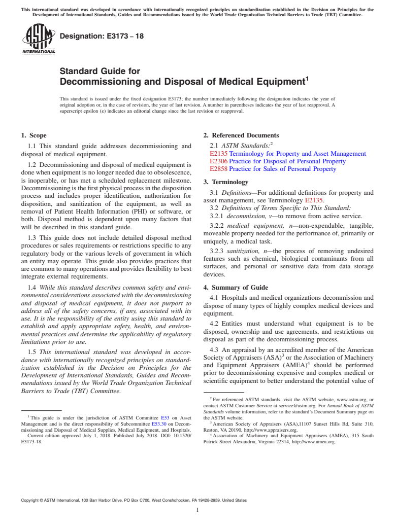 ASTM E3173-18 - Standard Guide for Decommissioning and Disposal of Medical Equipment