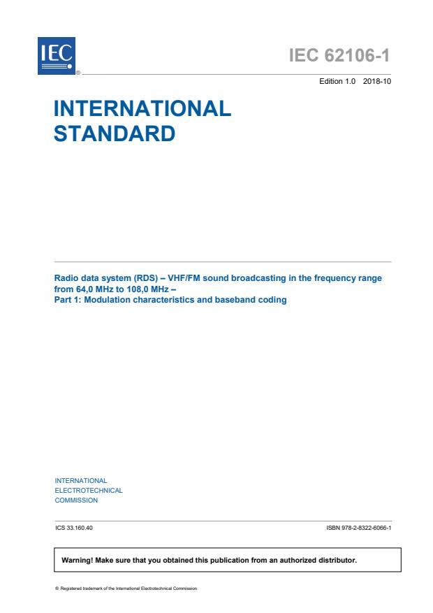 IEC 62106-1:2018 - Radio data system (RDS) - VHF/FM sound broadcasting in the frequency range from 64,0 MHz to 108,0 MHz - Part 1: Modulation characteristics and baseband coding