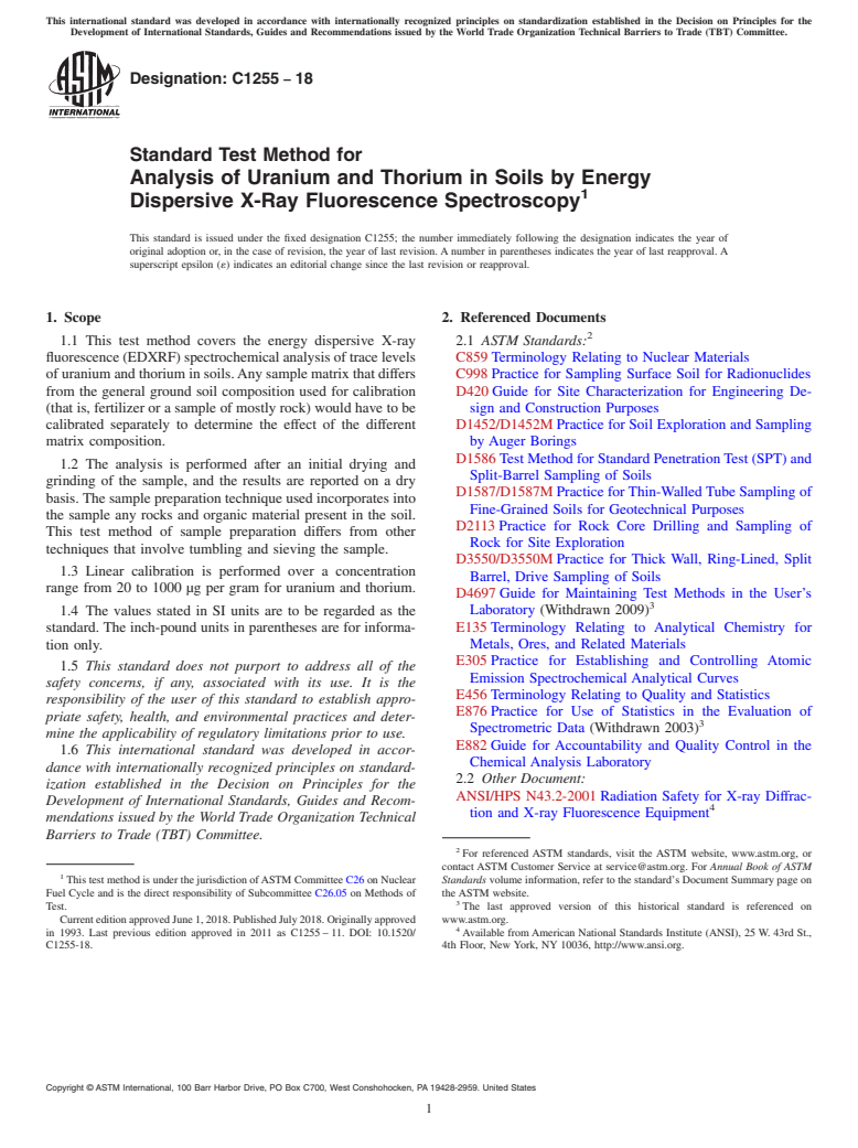 ASTM C1255-18 - Standard Test Method for  Analysis of Uranium and Thorium in Soils by Energy Dispersive  X-Ray Fluorescence Spectroscopy