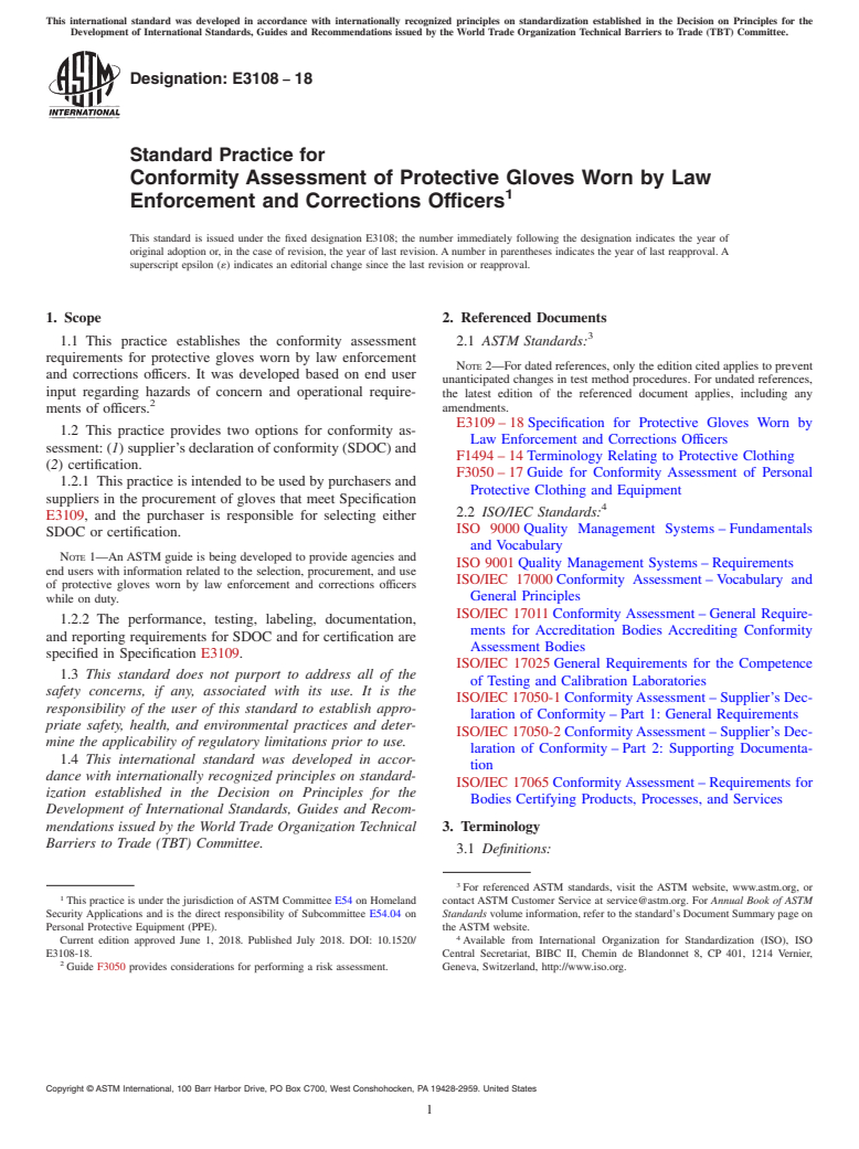 ASTM E3108-18 - Standard Practice for Conformity Assessment of Protective Gloves Worn by Law Enforcement  and Corrections Officers