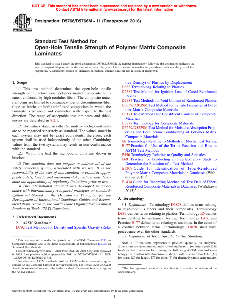 ASTM D5766/D5766M-11(2018) - Standard Test Method for  Open-Hole Tensile Strength of Polymer Matrix Composite Laminates