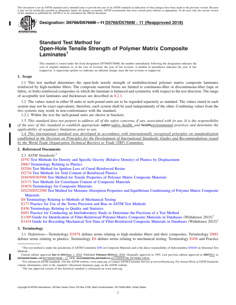 REDLINE ASTM D5766/D5766M-11(2018) - Standard Test Method for  Open-Hole Tensile Strength of Polymer Matrix Composite Laminates