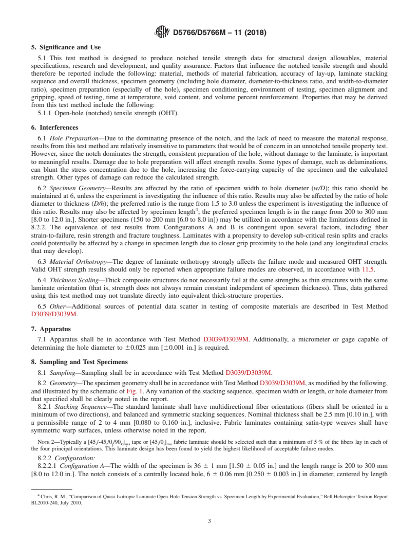 REDLINE ASTM D5766/D5766M-11(2018) - Standard Test Method for  Open-Hole Tensile Strength of Polymer Matrix Composite Laminates