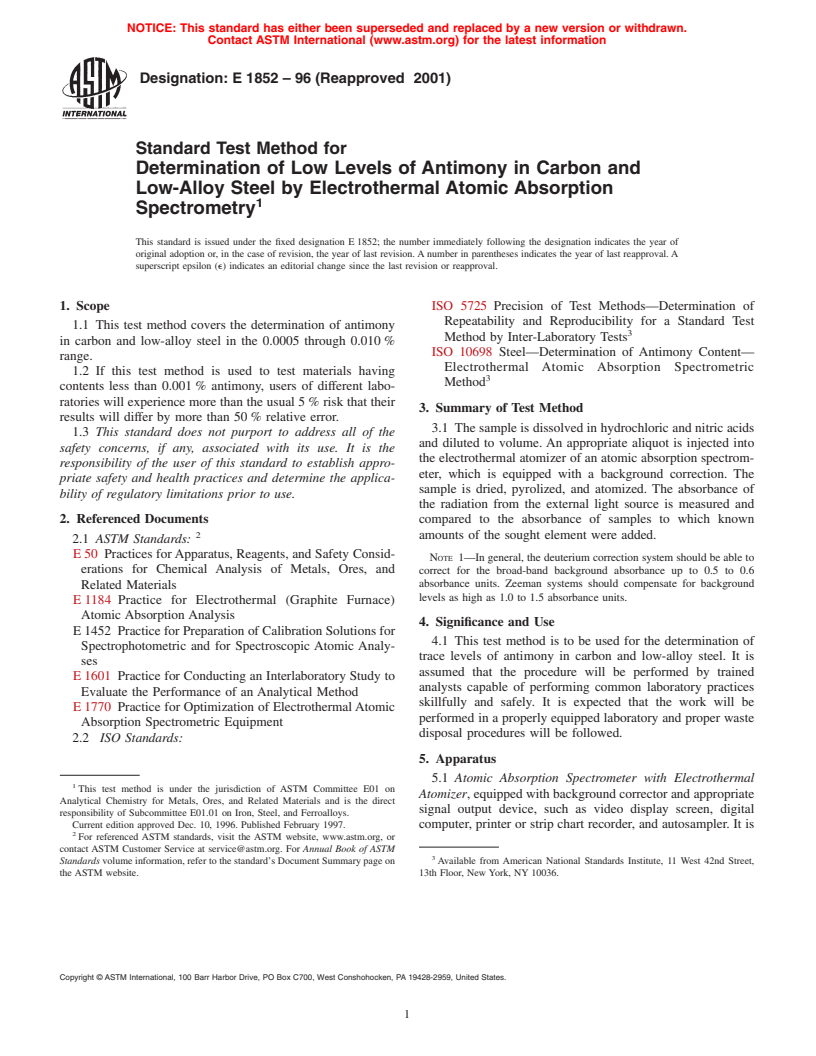 ASTM E1852-96(2001) - Standard Test Method for Determination of Low Levels of Antimony in Carbon and Low-Alloy Steel by Electrothermal Atomic Absorption Spectrometry