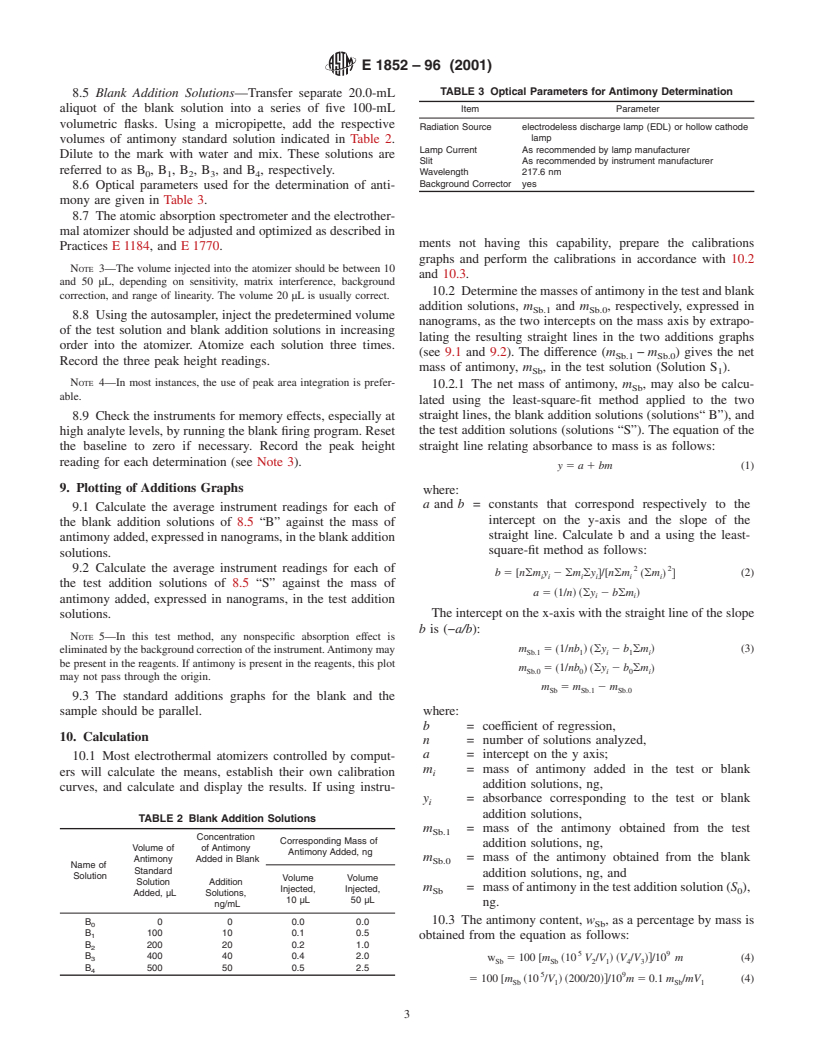 ASTM E1852-96(2001) - Standard Test Method for Determination of Low Levels of Antimony in Carbon and Low-Alloy Steel by Electrothermal Atomic Absorption Spectrometry