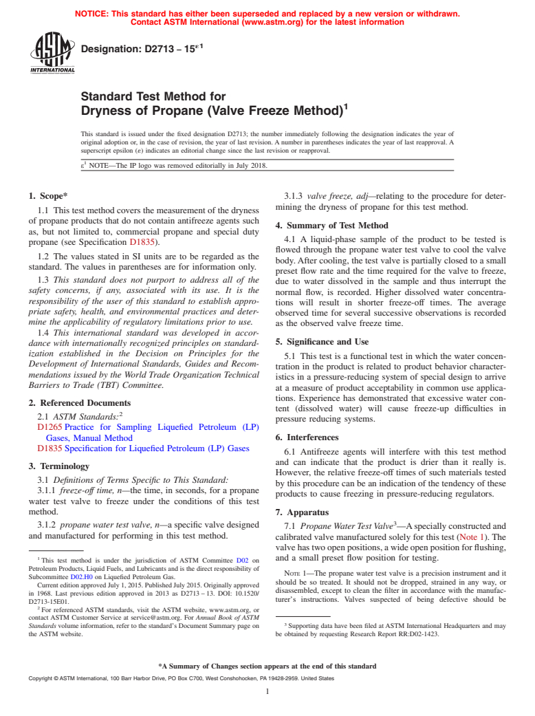 ASTM D2713-15e1 - Standard Test Method for  Dryness of Propane (Valve Freeze Method)