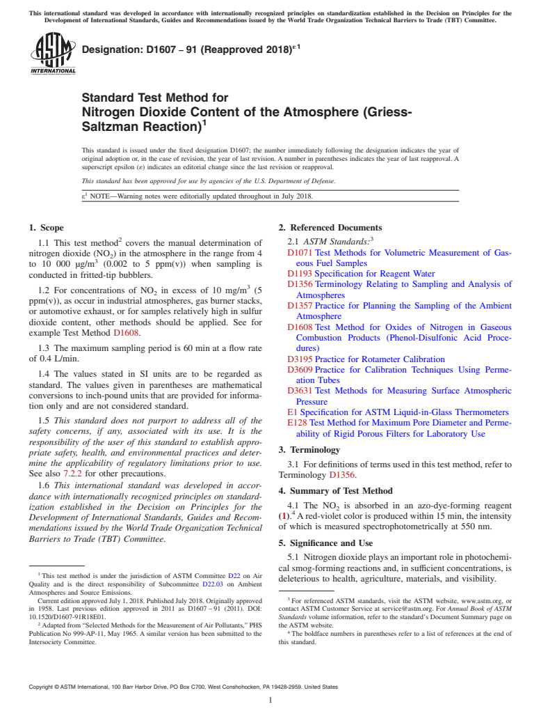 ASTM D1607-91(2018)e1 - Standard Test Method for Nitrogen Dioxide Content of the Atmosphere (Griess-Saltzman  Reaction)