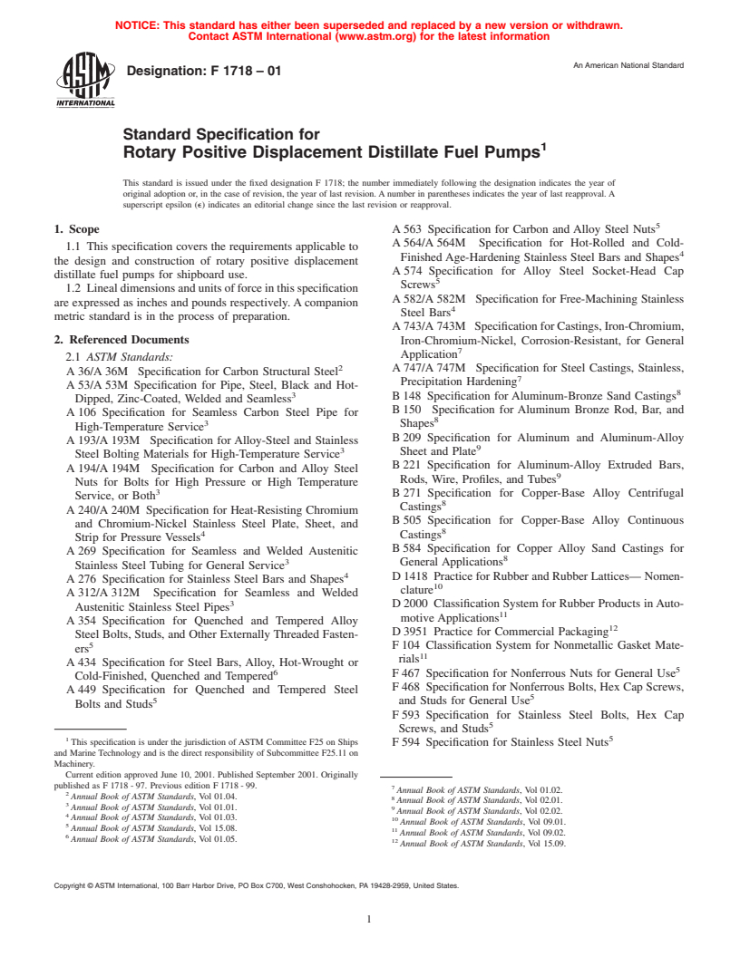 ASTM F1718-01 - Standard Specification for Rotary Positive Displacement Distillate Fuel Pumps