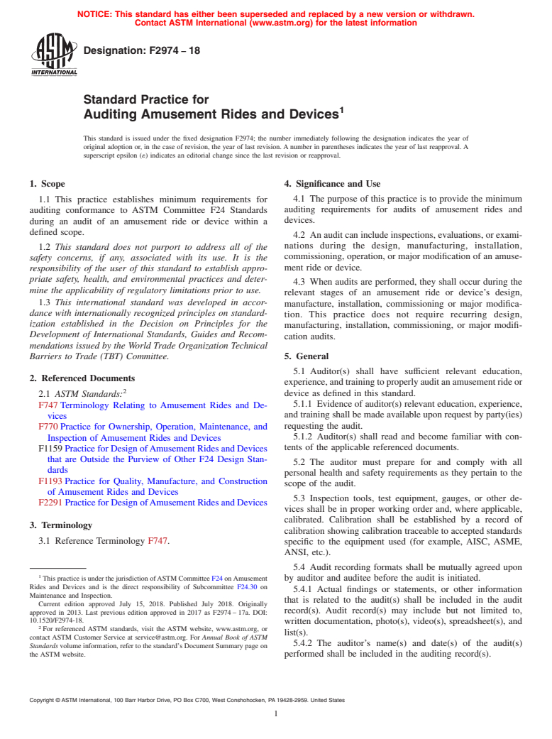 ASTM F2974-18 - Standard Practice for Auditing Amusement Rides and Devices