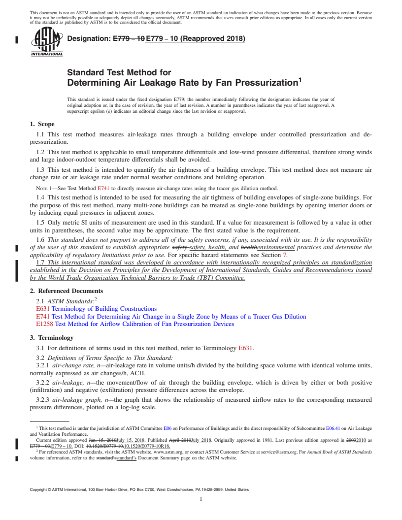 REDLINE ASTM E779-10(2018) - Standard Test Method for Determining Air Leakage Rate by Fan Pressurization