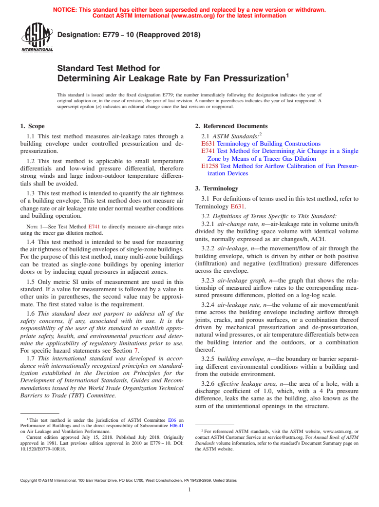 ASTM E779-10(2018) - Standard Test Method for Determining Air Leakage Rate by Fan Pressurization