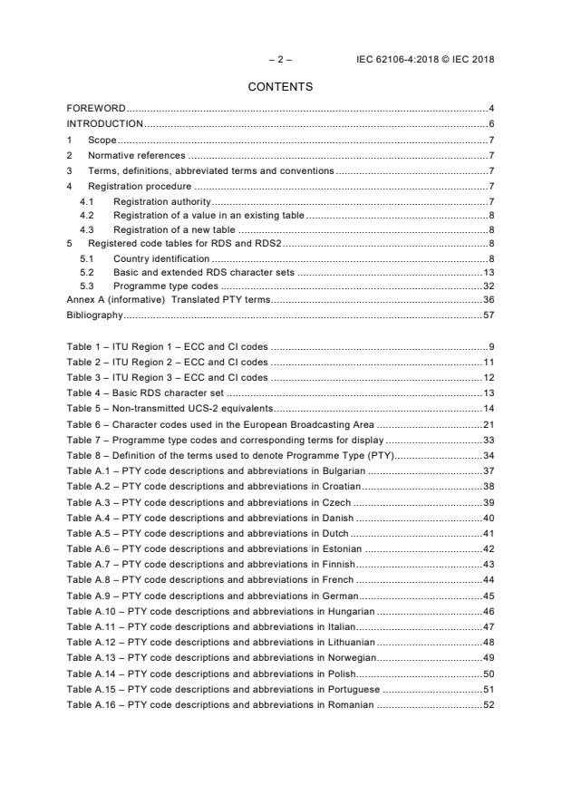 IEC 62106-4:2018 IEC 62106-4:2018 - Radio data system (RDS) - VHF/FM sound broadcasting in the frequency range from 64,0 MHz to 108,0 MHz - Part 4: Registered code tables - Page 4 preview