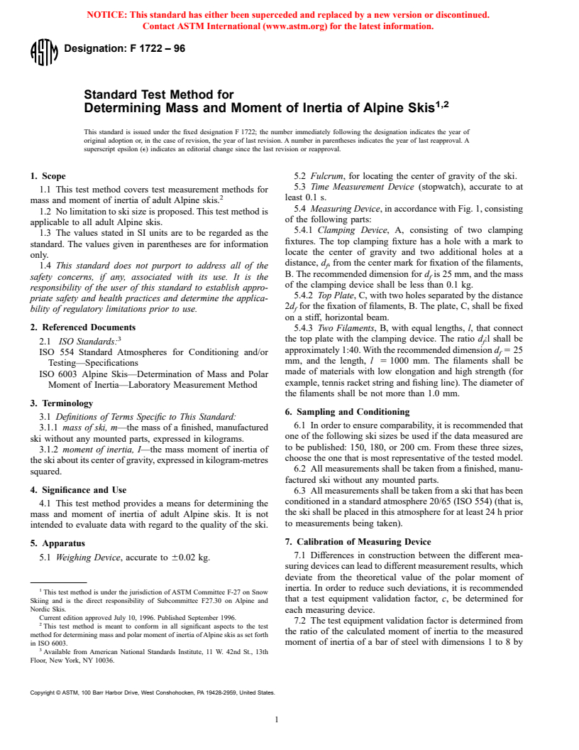 ASTM F1722-96 - Standard Test Method for Determining Mass and Moment of Inertia of Alpine Skis