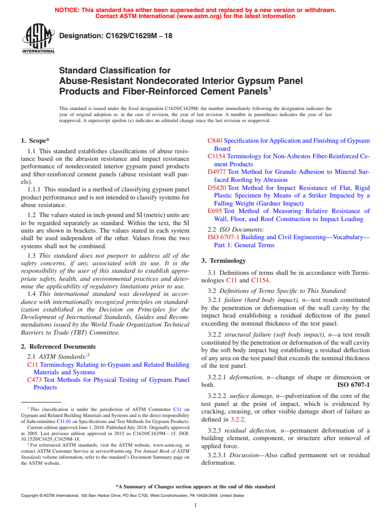 ASTM C1629/C1629M-18 - Standard Classification for  Abuse-Resistant Nondecorated Interior Gypsum Panel Products  and Fiber-Reinforced Cement Panels