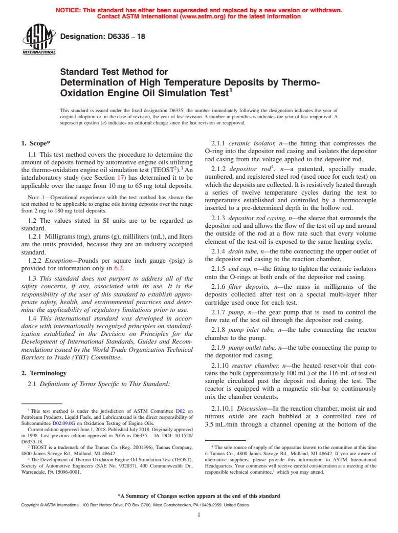 ASTM D6335-18 - Standard Test Method for Determination of High Temperature Deposits by Thermo-Oxidation  Engine Oil Simulation Test