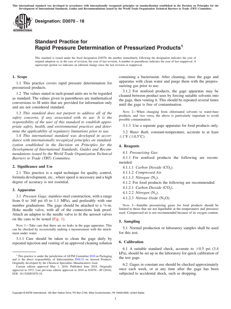 ASTM D3070-18 - Standard Practice for Rapid Pressure Determination of Pressurized Products