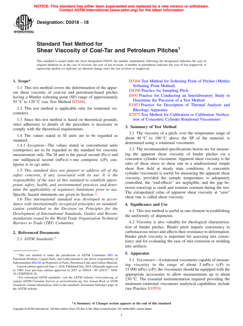 ASTM D5018-18 - Standard Test Method for  Shear Viscosity of Coal-Tar and Petroleum Pitches