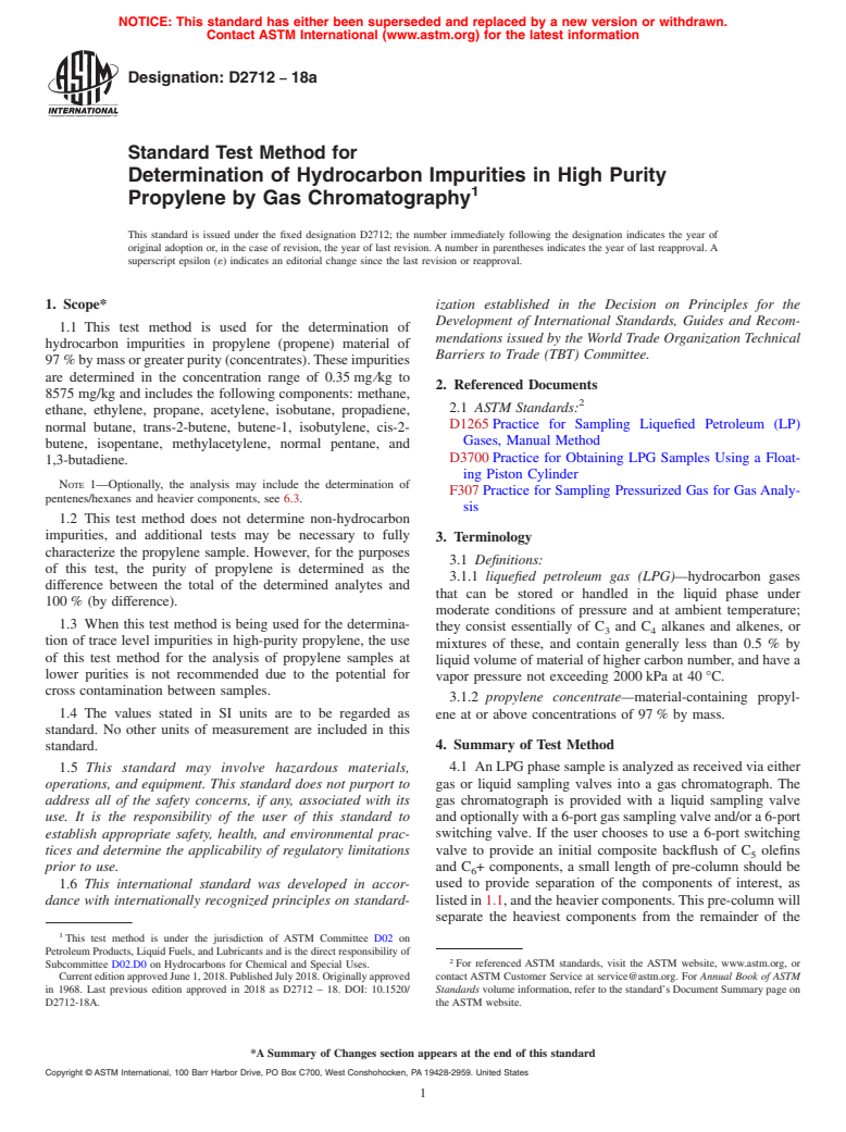 ASTM D2712-18a - Standard Test Method for  Determination of Hydrocarbon Impurities in High Purity Propylene  by Gas Chromatography