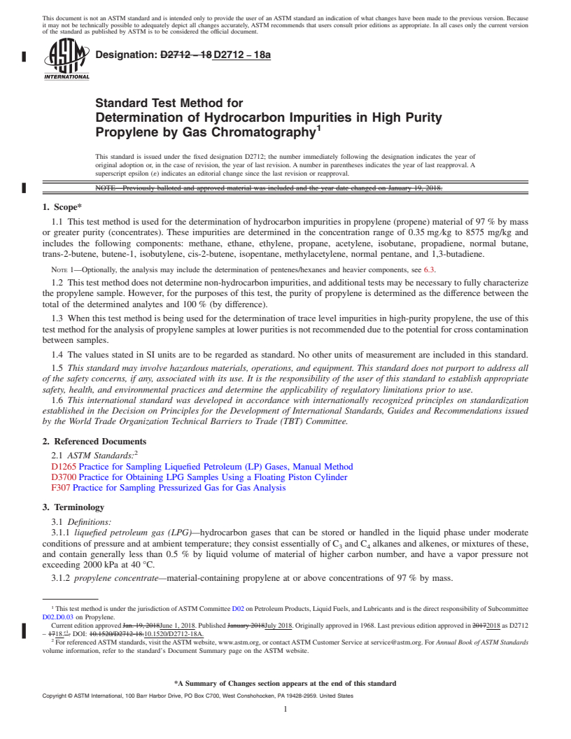 REDLINE ASTM D2712-18a - Standard Test Method for  Determination of Hydrocarbon Impurities in High Purity Propylene  by Gas Chromatography