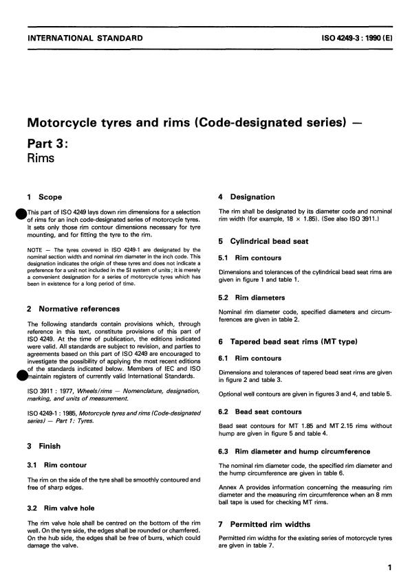 ISO 4249-3:1990 - Motorcycle tyres and rims (Code-designated series)