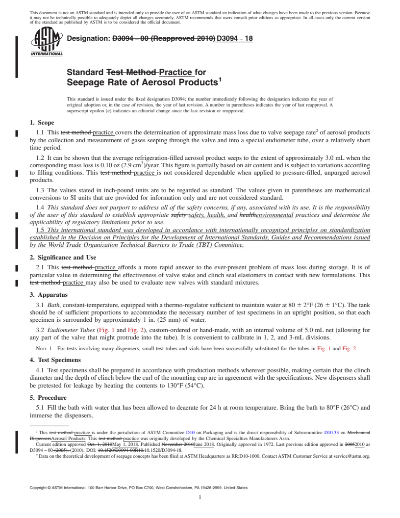 REDLINE ASTM D3094-18 - Standard Practice for Seepage Rate of Aerosol Products