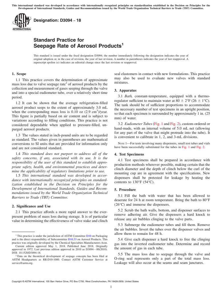 ASTM D3094-18 - Standard Practice for Seepage Rate of Aerosol Products