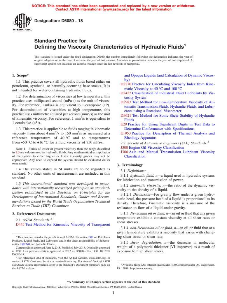 ASTM D6080-18 - Standard Practice for Defining the Viscosity Characteristics of Hydraulic Fluids