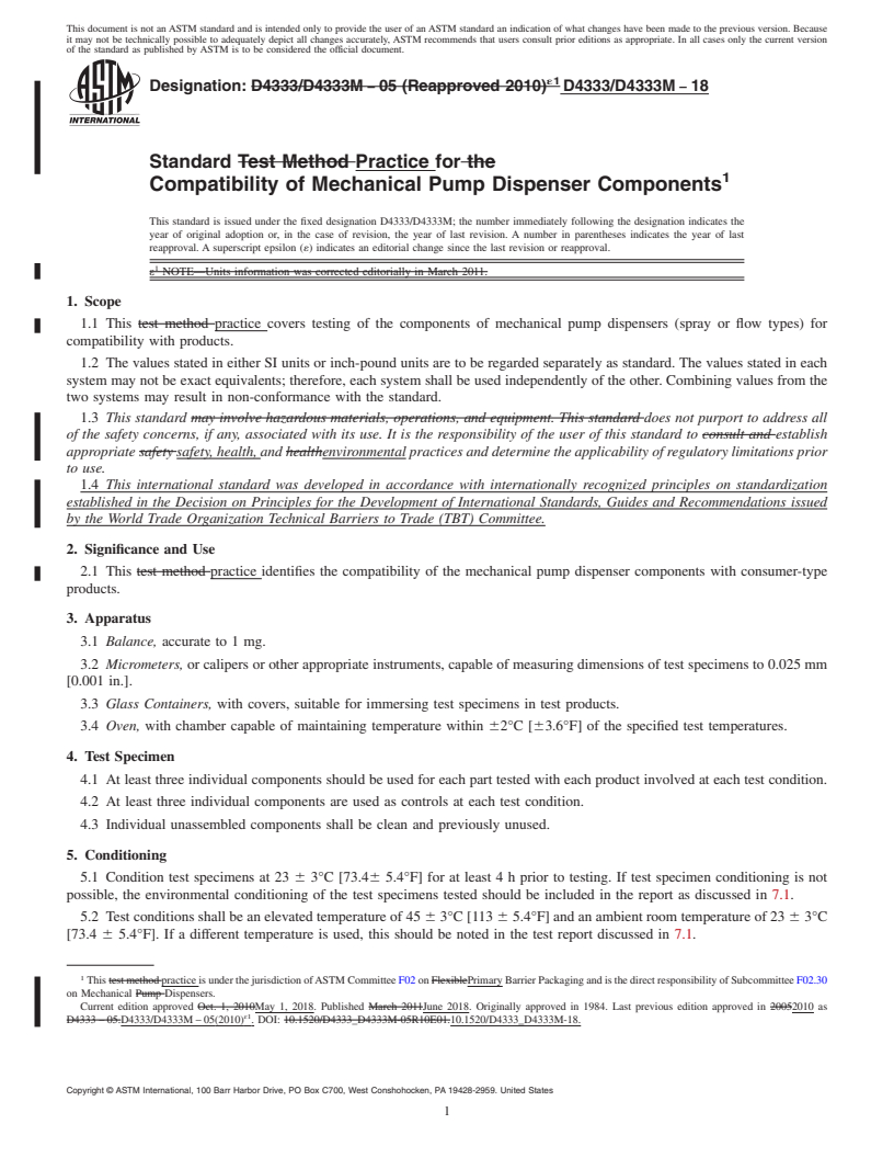 REDLINE ASTM D4333/D4333M-18 - Standard Practice for Compatibility of Mechanical Pump Dispenser Components