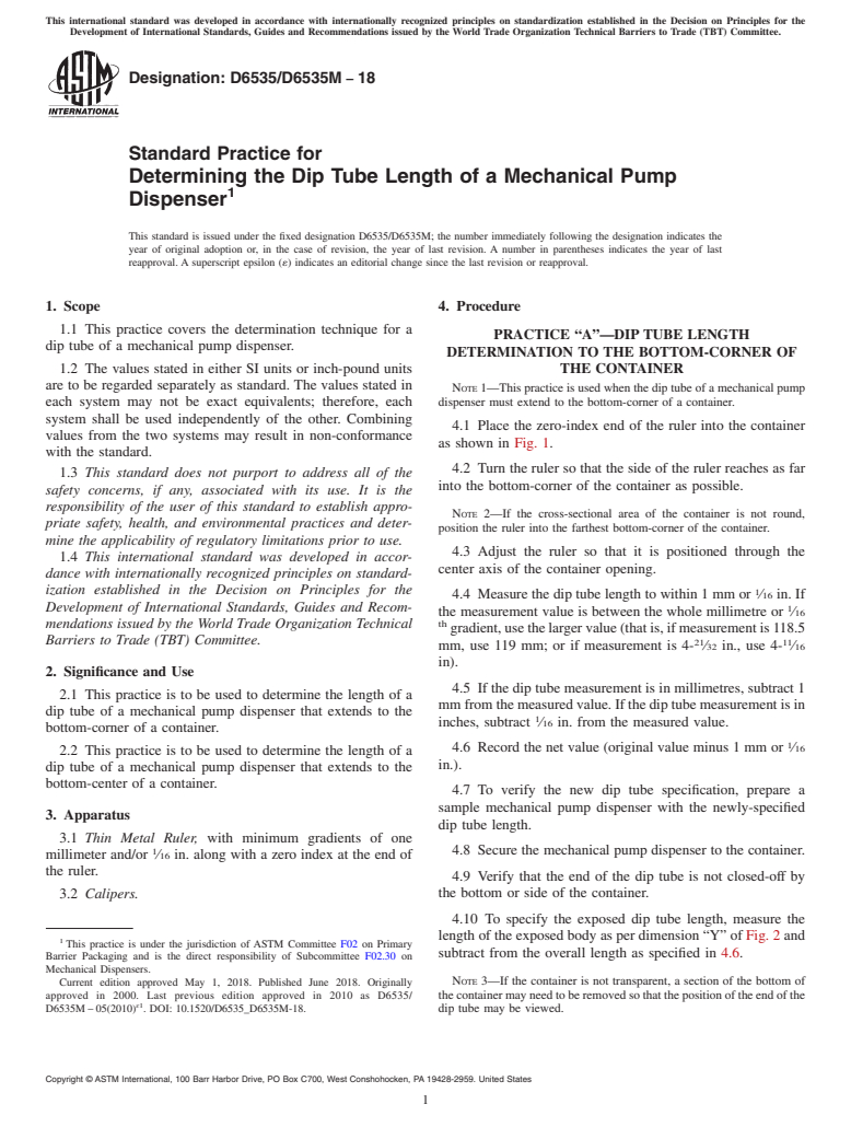 ASTM D6535/D6535M-18 - Standard Practice for  Determining the Dip Tube Length of a Mechanical Pump Dispenser