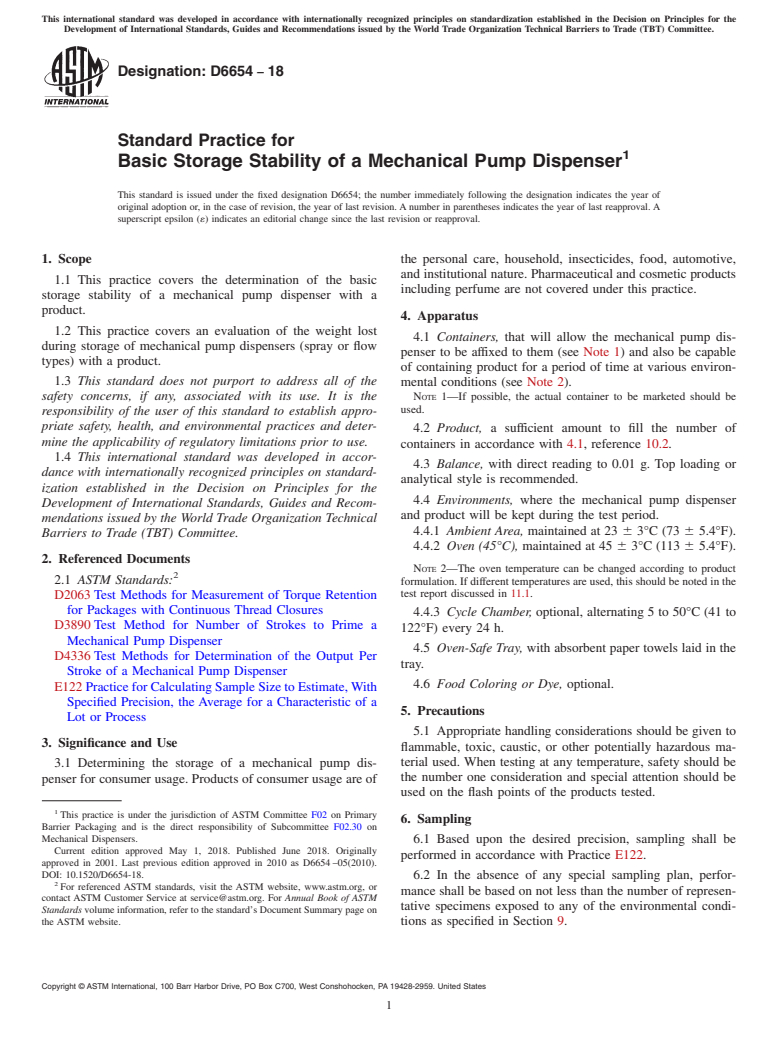 ASTM D6654-18 - Standard Practice for  Basic Storage Stability of a Mechanical Pump Dispenser