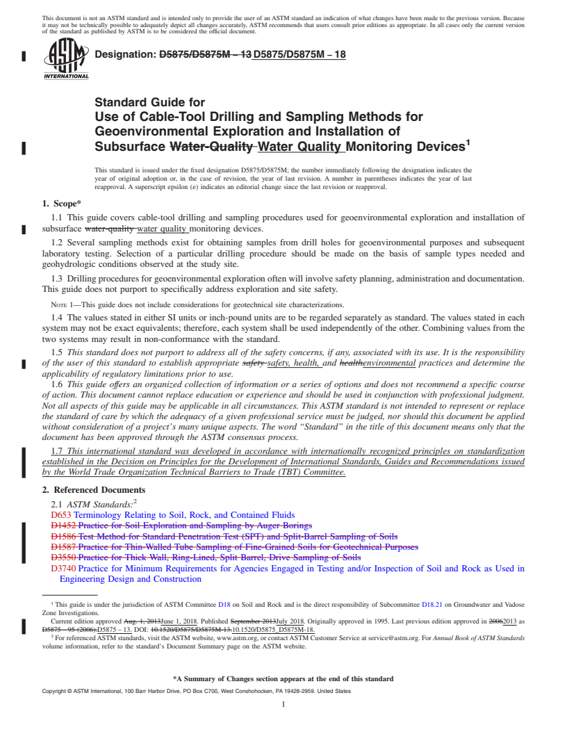 REDLINE ASTM D5875/D5875M-18 - Standard Guide for  Use of Cable-Tool Drilling and Sampling Methods for Geoenvironmental  Exploration and Installation of Subsurface Water Quality Monitoring  Devices